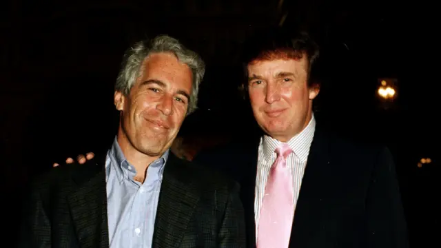 Epstein wearing a blue shirt and Trump with a striped shirt and a pink tie with his arm around Epstein