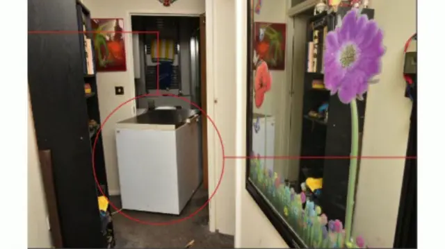A hallway inside a flat with a mirror to the right, with some flowers stuck onto it. Down the hallway is a chest freezer in the middle of a door.