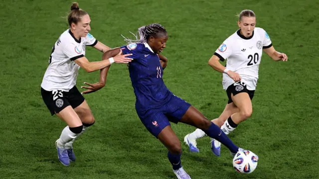 Kadidiatou Diani of France holds off Sophia Kleinherne of Germany