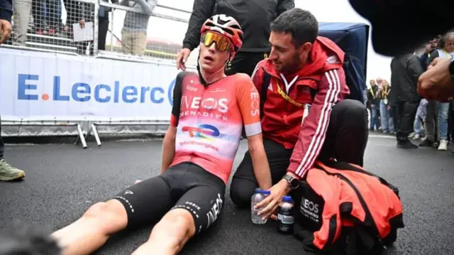 Thymen Arensman looking exhausted after winning stage 14 of the 2025 Tour de France