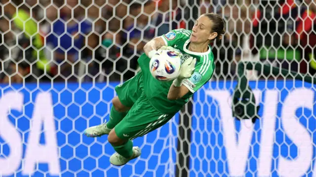 Ann-Katrin Berger of Germany saves a penalty kick