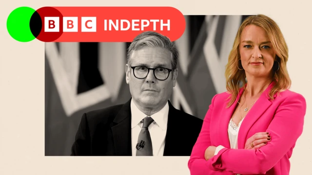 Laura Kuenssberg stands with her arms crossed, in front of a graphic of Keir Starmer with the BBC InDepth logo in the corner.