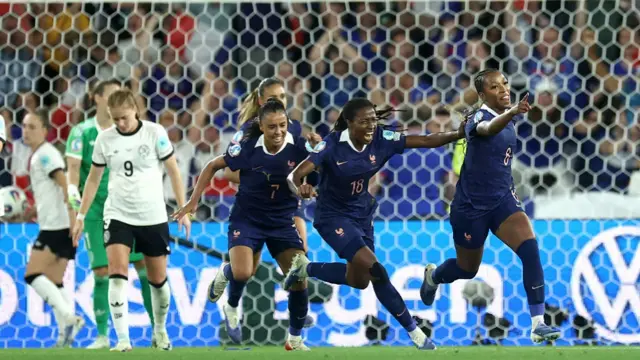 Grace Geyoro of France celebrates scoring her team's goal which is later ruled offside