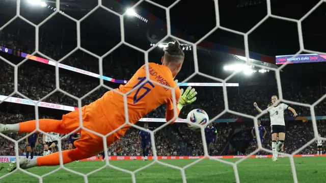 Germany's Sjoeke Nusken has her shot saved by France's Pauline Peyraud-Magnin from the penalty spot