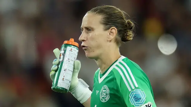 A detailed view of the water bottle of Ann-Katrin Berger of Germany including Amel Majri, Clara Mateo, Delphine Cascarino and Alice Sombath, penalty takers of France