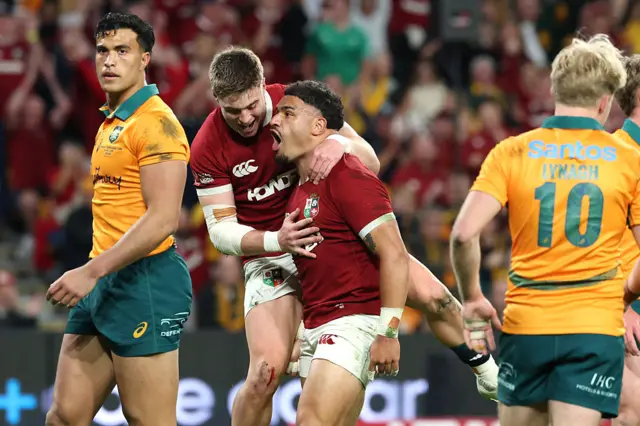 British and Irish Lions' Sione Tuipulotu celebrates a try