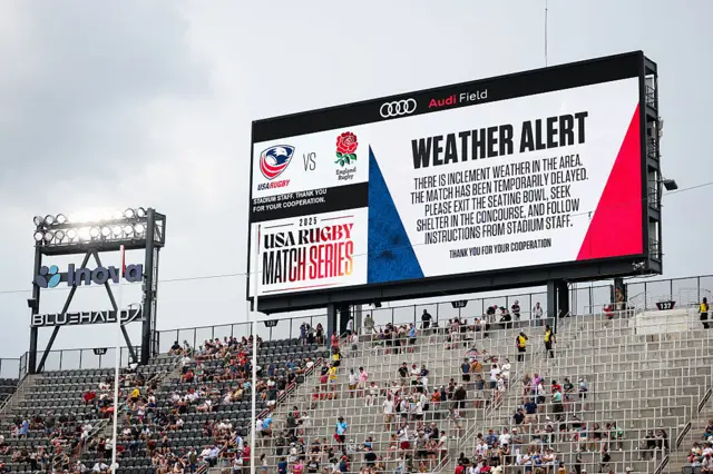 A weather alert is displayed on the video board directing fans to clear the stands due to inclement weather during a delay before the match between the United States and England at Audi Field on July 19, 2025 in Washington, DC.