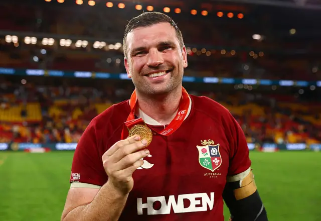 Tadhg Beirne of the British and Irish Lions poses for a photo with the Player of the Match medal