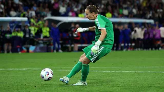 Ann-Katrin Berger of Germany scores the team's fifth penalty in the penalty shoot out
