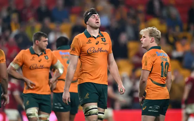 Nick Frost (left) and Tom Lynagh of the Wallabies react