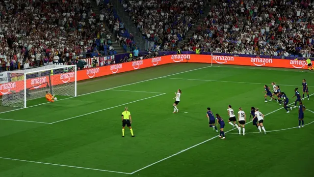Sjoeke Nuesken of Germany has a penalty kick saved by Pauline Peyraud-Magnin of France