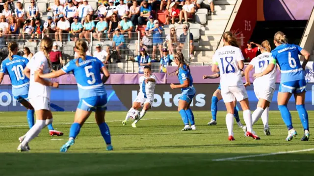 Katariina Kosola of Finland scores her team's first goal during the UEFA Women's EURO 2025 Group A match between Iceland and Finland at Arena Thun on July 02