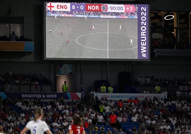 A giant display shows the full-time score of 8-0 to England, at the end of the UEFA Women's Euro 2022 Group A match between England and Norway