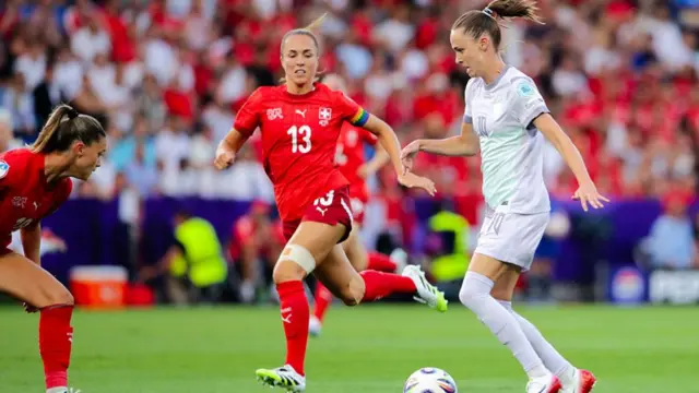 Lia Walti of Switzerland battles for the ball with Caroline Graham Hansen of Norway prior to the UEFA Women's EURO 2025 Group A match between Switzerland and Norway at St. Jakob-Park on July 2, 2025 in Basel, Switzerland.