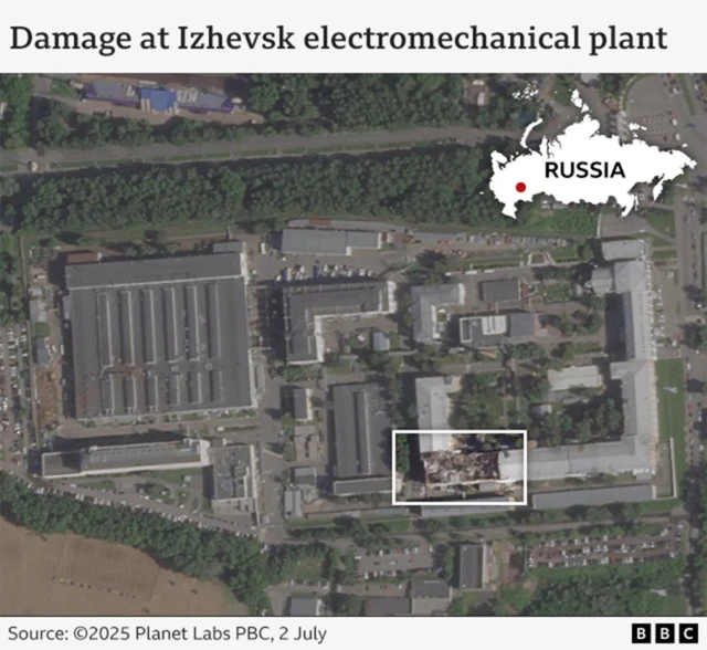 satellite image with section of the factory roof that has been damaged highlighted