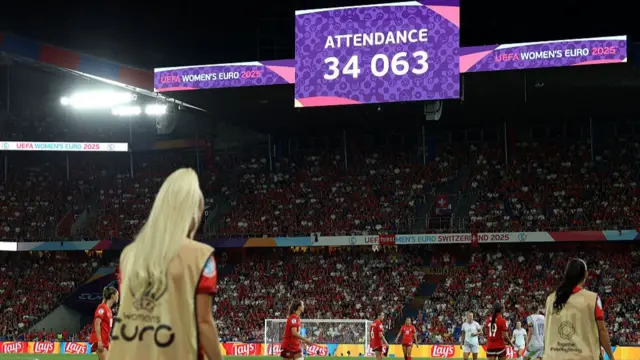 A general view inside the stadium as the attendance figure of 34,063 is announced on the scoreboard during the UEFA Women's EURO 2025 Group A match between Switzerland and Norway at St. Jakob-Park on July 02, 2025 in Basel, Switzerland.