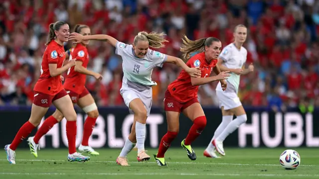 Noelle Maritz of Switzerland is challenged by Frida Maanum of Norway during the UEFA Women's EURO 2025 Group A match between Switzerland and Norway at St. Jakob-Park on July 02, 2025