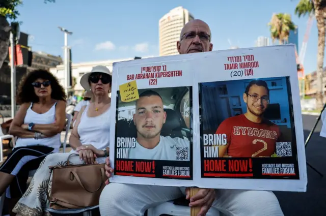 Family and supporters of hostages attend a protest demanding the return of all the hostages kidnapped during the deadly October 7, 2023, attack on Israel by Hamas