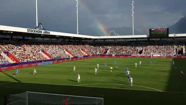 General view inside the stadium as a rainbow is seen during the UEFA Women's EURO 2025 Group A match between Iceland and Finland at Arena Thun on July 02