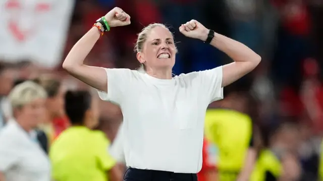 Norway head coach Gemma Grainger celebrates following victory in the UEFA Women's Euro 2025 Group A match at St. Jakob-Park, Switzerland.