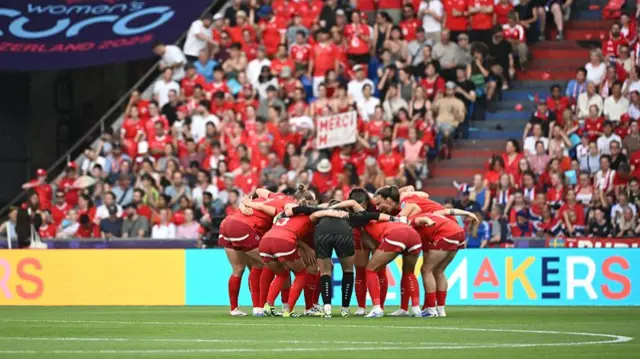 Swiss team players ready for the start of the UEFA Women's Euro 2025 Group A football match between Switzerland and Norway at the St Jakob-Park Stadium in Basel on July 2, 2025.