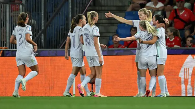 Ada Hegerberg of Norway celebrates scoring her team's first goal with teammates during the UEFA Women's EURO 2025 Group A match between Switzerland and Norway at St. Jakob-Park on July 02, 2025 in Basel, Switzerland.