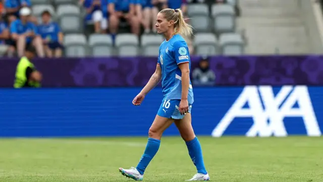 Hildur Antonsdottir of Iceland reacts, while she leaves the pitch after receiving a red card during the UEFA Women's EURO 2025 Group A match between Iceland and Finland at Arena Thun on July 02