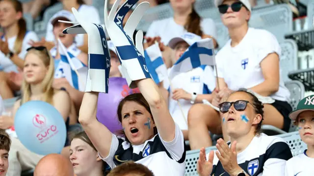 Fans of Finland show their support prior to the UEFA Women's EURO 2025 Group A match between Iceland and Finland at Arena Thun