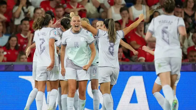 Frida Maanum of Norway and her teammates celebrate after Julia Stierli of Switzerland (not pictured) scores a own gaol during the UEFA Women's EURO 2025 Group A match between Switzerland and Norway at St. Jakob-Park on July 02, 2025 in Basel, Switzerland.