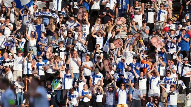 Fans of Finland celebrate after Katariina Kosola of Finland scores her team's first goal during the UEFA Women's EURO 2025 Group A match between Iceland and Finland at Arena Thun on July 02