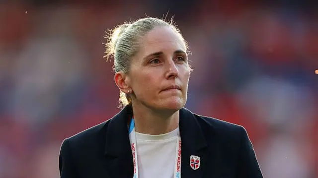 Gemma Grainger, Head Coach of Norway looks on prior to the UEFA Womens EURO 2025 Group A match between Switzerland and Norway at St. Jakob-Park on July 02, 2025 in Basel, Switzerland.