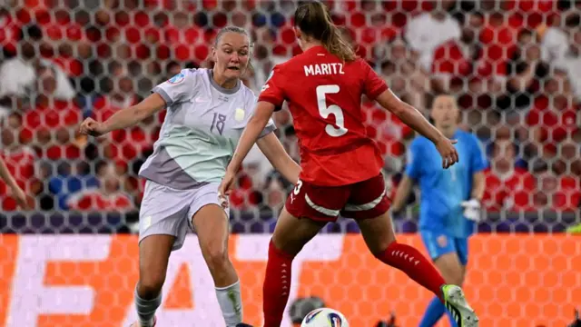 Maren Mjelde and Norway's midfielder #18 Frida Maanum fight for the ball during the UEFA Women's Euro 2025 Group A football match between Switzerland and Norway at the St Jakob-Park Stadium in Basel on July 2, 2025.