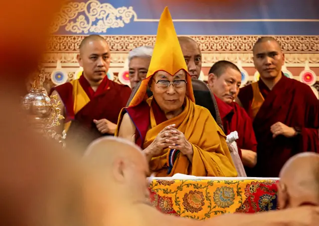 Tibetan spiritual leader the Dalai Lama (C) attends a Long Life Prayer offering ceremony at the Main Tibetan Temple in McLeod Ganj, near Dharamsala on June 30, 2025