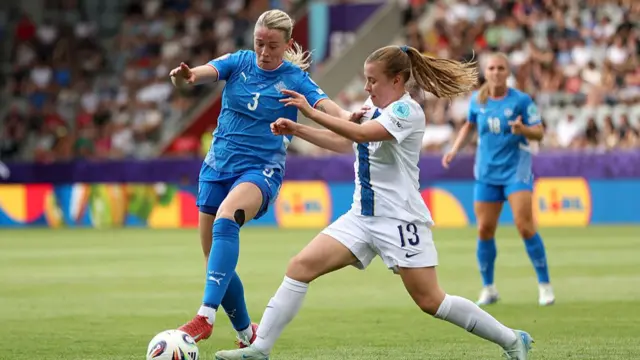 Sandra Maria Jessen of Iceland is challenged by Oona Siren of Finland during the UEFA Women's EURO 2025 Group A match between Iceland and Finland at Arena Thun on July 02, 2025 in Thun