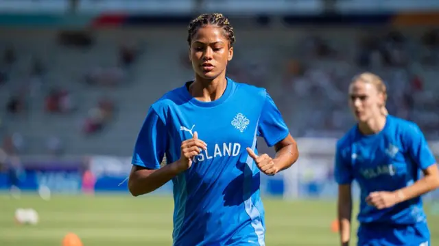 Sveindis Jonsdottir of Iceland warms up before the UEFA Women's EURO 2025 Group A match between Iceland and Finland at Arena Thun on July 2, 2025