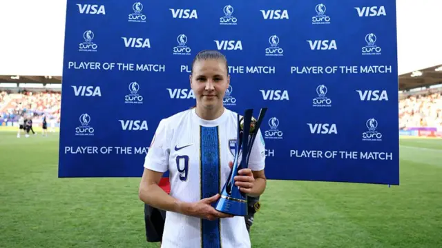 Katariina Kosola of Finland poses for a photo with her VISA Player of the Match trophy after the UEFA Women's EURO 2025 Group A match between Iceland and Finland at Arena Thun on July 02, 2025