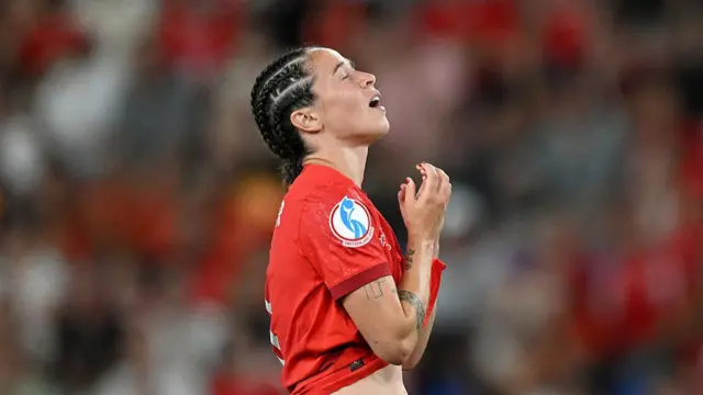 Gaeraldine Reuteler of Switzerland reacts after a missed chance during the UEFA Women's EURO 2025 Group A match between Switzerland and Norway at St. Jakob-Park on July 02, 2025 in Basel, Switzerland.