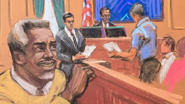 Diddy is sketched in the foreground clutching a fist and smiling as the judge sits in the background, watching as two men stand holding papers