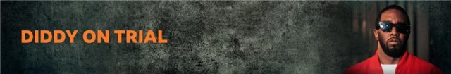 A banner graphic that has a headshot of Diddy against a grey background, with the words Diddy on Trial in orange written next to it