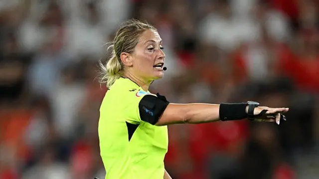 Referee Alina Pesu gestures during the UEFA Women's EURO 2025 Group A match between Switzerland and Norway at St. Jakob-Park on July 02, 2025 in Basel, Switzerland.
