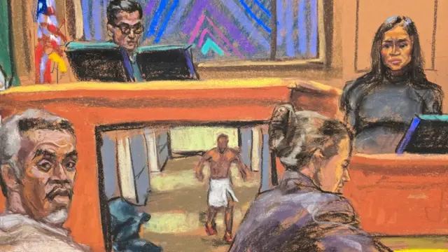 A court sketch showing Combs and his lawyer in the foreground, Ventura in the witness stand, the judge on the bench and a screen showing the CCTV