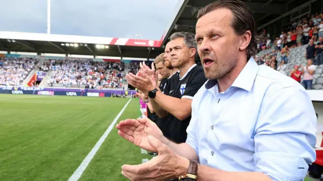 Marko Saloranta, Head Coach of Finland, applauds prior to the UEFA Women's EURO 2025 Group A match between Iceland and Finland at Arena Thun