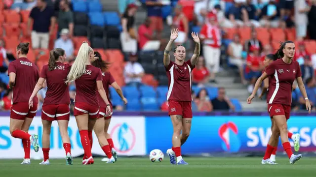 Gaeraldine Reuteler of Switzerland acknowledges the fans, during the warm up prior to the UEFA Women's EURO 2025 Group A match between Switzerland and Norway at St. Jakob-Park on July 02, 2025 in Basel, Switzerland.