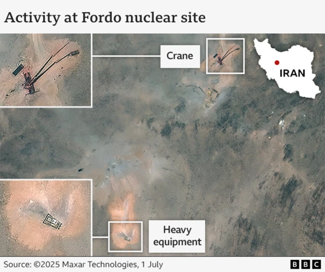 Satellite image showing crane and heavy equipment at the Fordo nuclear site in Iran on 1 July