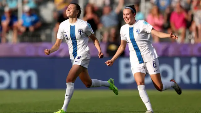 Katariina Kosola of Finland celebrates scoring her team's first goal during the UEFA Women's EURO 2025 Group A match between Iceland and Finland at Arena Thun on July 02,