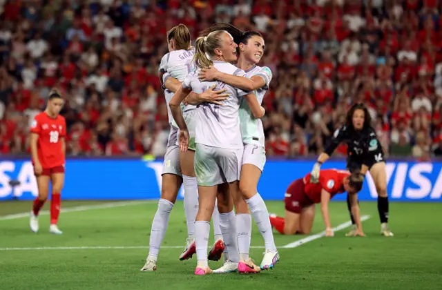 Frida Maanum and Ingrid Syrstad Engen of Norway celebrate after Julia Stierli of Switzerland scores a own goal
