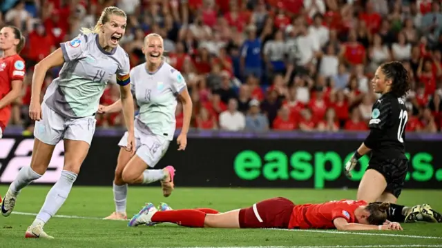 Norway's forward #14 Ada Hegerberg reacts after scoring the team's first goal during the UEFA Women's Euro 2025 Group A football match between Switzerland and Norway at the St Jakob-Park Stadium in Basel on July 2, 2025.