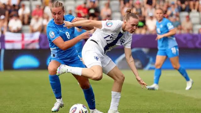 Sanni Franssi of Finland is challenged by Alexandra Johannsdottir of Iceland during the UEFA Women's EURO 2025 Group A match between Iceland and Finland at Arena Thun on July 02