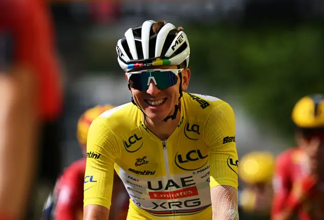 Tadej Pogacar riding in the 2025 Tour de France