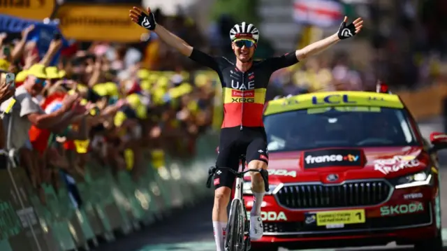 Tim Wellens celebrates winning stage 15 of the 2025 Tour de France